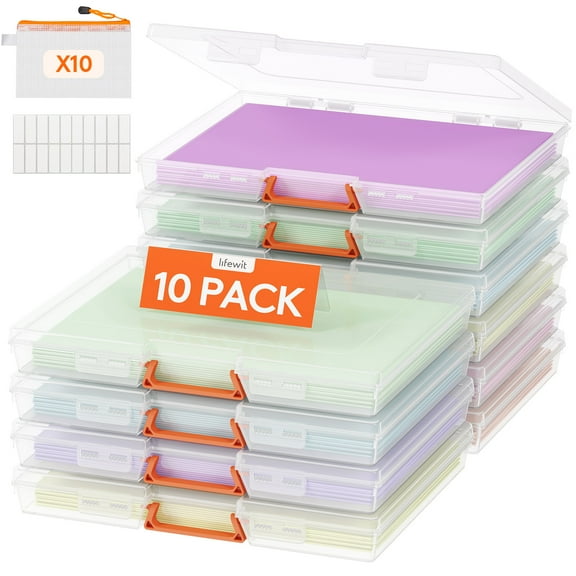 Lifewit 10 Pack Plastic Paper Storage Boxes, A4/Letter Size, 10 Extra Zipper Bags, Sticker Label, Portable File box with Latching Lid and Handle, Versatile Storage box for Projects, Craft Supplies