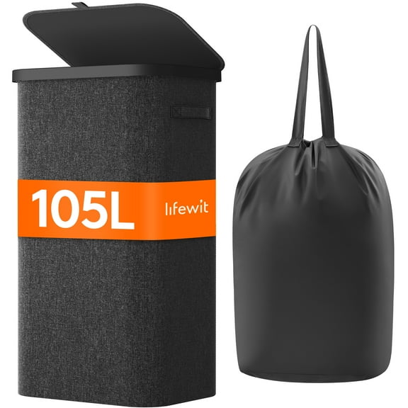 Lifewit 105L Laundry Basket with Lid, Large Laundry Hamper with Plastic Handles and Removable Bag, Foldable Tall Dirty Clothes Hampers for Laundry for Laundry Room, Bedroom, Bathroom, Dorm,Dark Gray