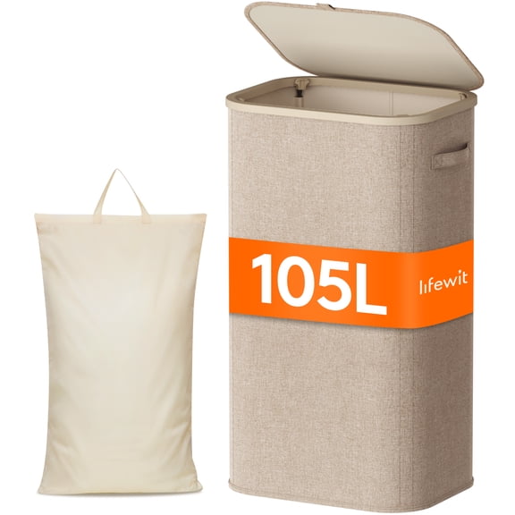 Lifewit 105L Large Laundry Basket with Lid, Laundry Hamper with Plastic Handles and Removable Bag, Foldable Tall Dirty Clothes Hampers for Laundry for Laundry Room, Bedroom, Bathroom, Dorm, Beige