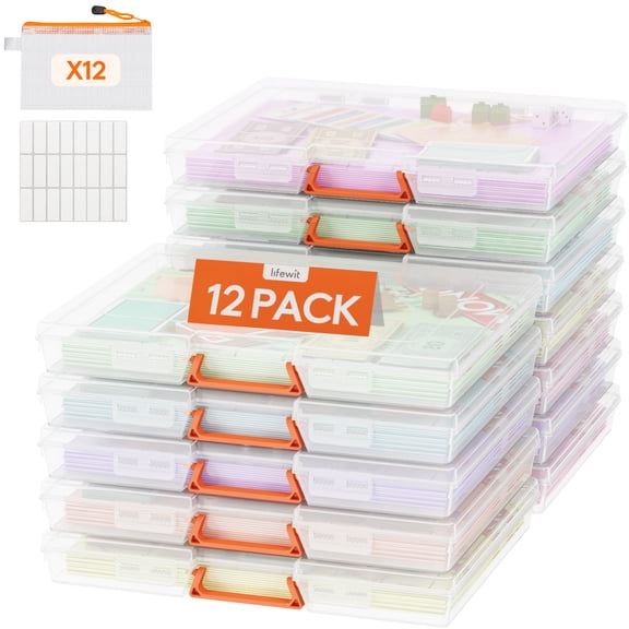Lifewit 12 Pack Plastic Paper Storage Boxes, A4/Letter Size, 12 Extra Zipper Bags, Sticker Label, Portable File box with Latching Lid and Handle, Versatile Storage box for Projects, Craft Supplies