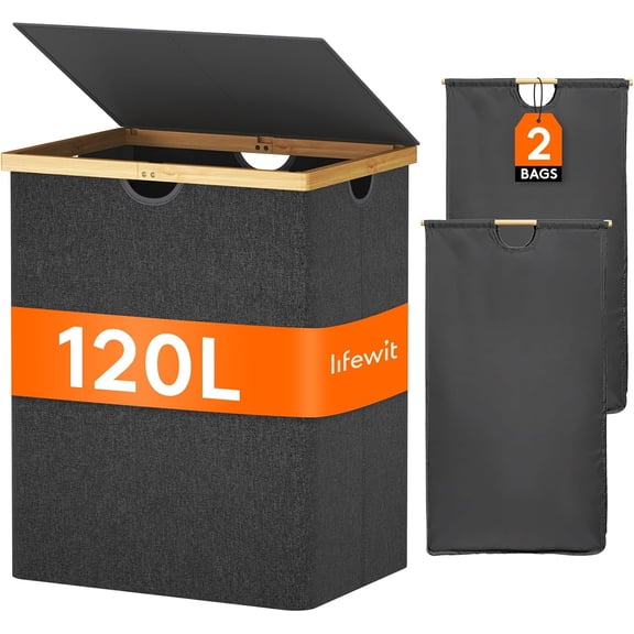 Lifewit 120L Double Laundry Hamper with Lid, Extra Large Bamboo Laundry Basket Dirty Clothes Hamper, 2 Section Laundry Bin Organizer for Laundry Room Bedroom with 2 Removable Liners & Bags, Dark Gray