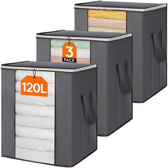 Lifewit 120L Extra Large Blanket Storage Bags, Foldable Comforter Storage with Reinforced Handles, Clothes Storage Containers for King Comforter, Bedding, Pillow, Sheet, Storage Bin with Lids 3 Pack