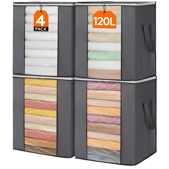 Lifewit 120L Extra Large Blanket Storage Bags, Foldable Comforter Storage with Reinforced Handles, Clothes Storage Containers for King Comforter, Bedding, Pillow, Sheet, Storage Bin with Lids 4 Pack