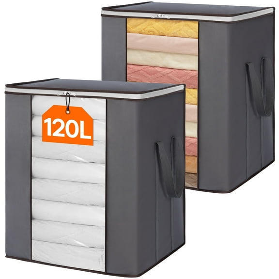 Lifewit 120L Extra Large Blanket Storage Bags, Foldable Comforter Storage with Reinforced Handles, Clothes Storage Containers for King Comforter, Bedding, Pillow, Sheet, Storage Bin with Lids 2 Pack