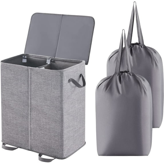 Lifewit 136 L Double Laundry Hamper with Lid and Removable Laundry Bags, Large Collapsible, Grey