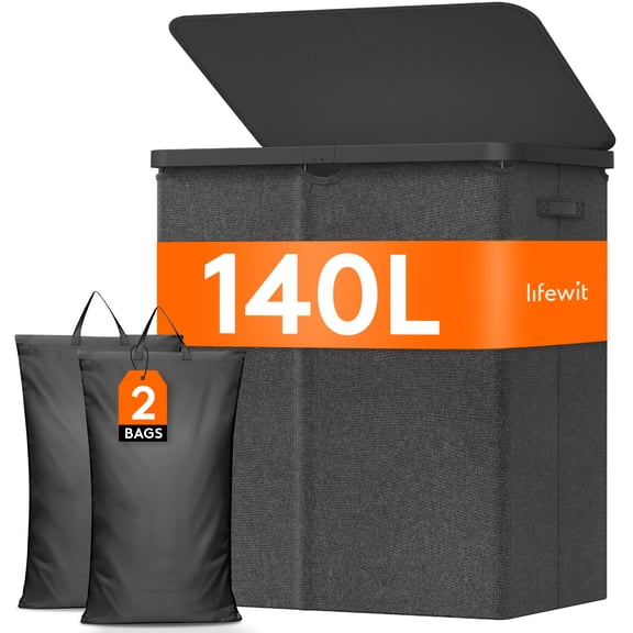 Lifewit 140L Laundry Basket with Lid, Large Laundry Hamper with Plastic Handles and Removable Bag, Foldable Tall Dirty Clothes Hampers for Laundry for Laundry Room, Bedroom, Bathroom, Dorm, Dark Gray