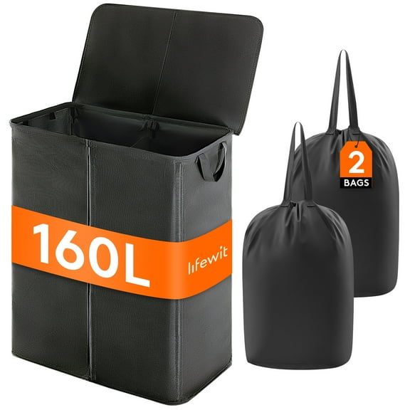 Lifewit 160L Double Laundry Hamper with Lid and Removable Laundry Bags, Divided Laundry Basket with Handles, Large Separated Clothes Basket for Bedroom, Bathroom, College Dorm, Laundry Sorting, Black