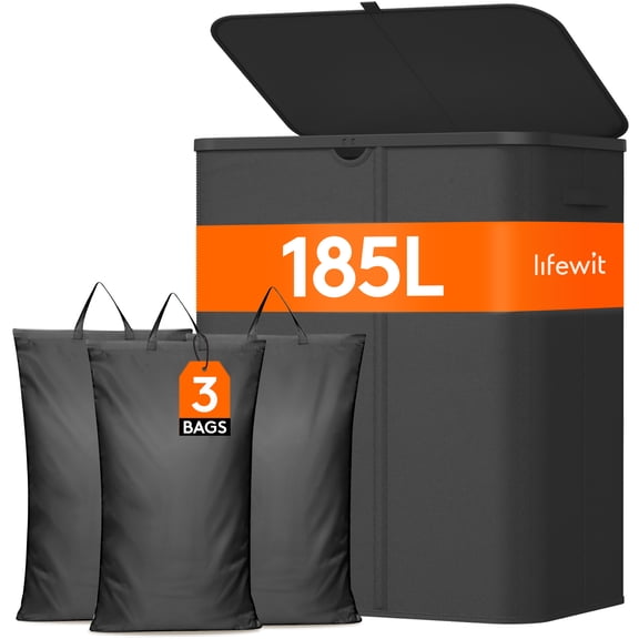 Lifewit 185L Large 3 Section Laundry Hamper with Lid, Plastic Laundry Basket with Bamboo Handles and Removable Bags, Tall Foldable Clothes Hamper for Bathroom Bedroom, Black