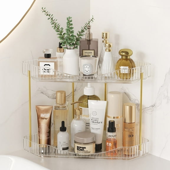 Lifewit 2-Tier Bathroom Counter Organizer Corner, Plastic Makeup Skincare Storage Organizer Countertop, Perfume Tray and Cosmetic Shelf in Bedroom, Dresser, Kitchen (Clear)