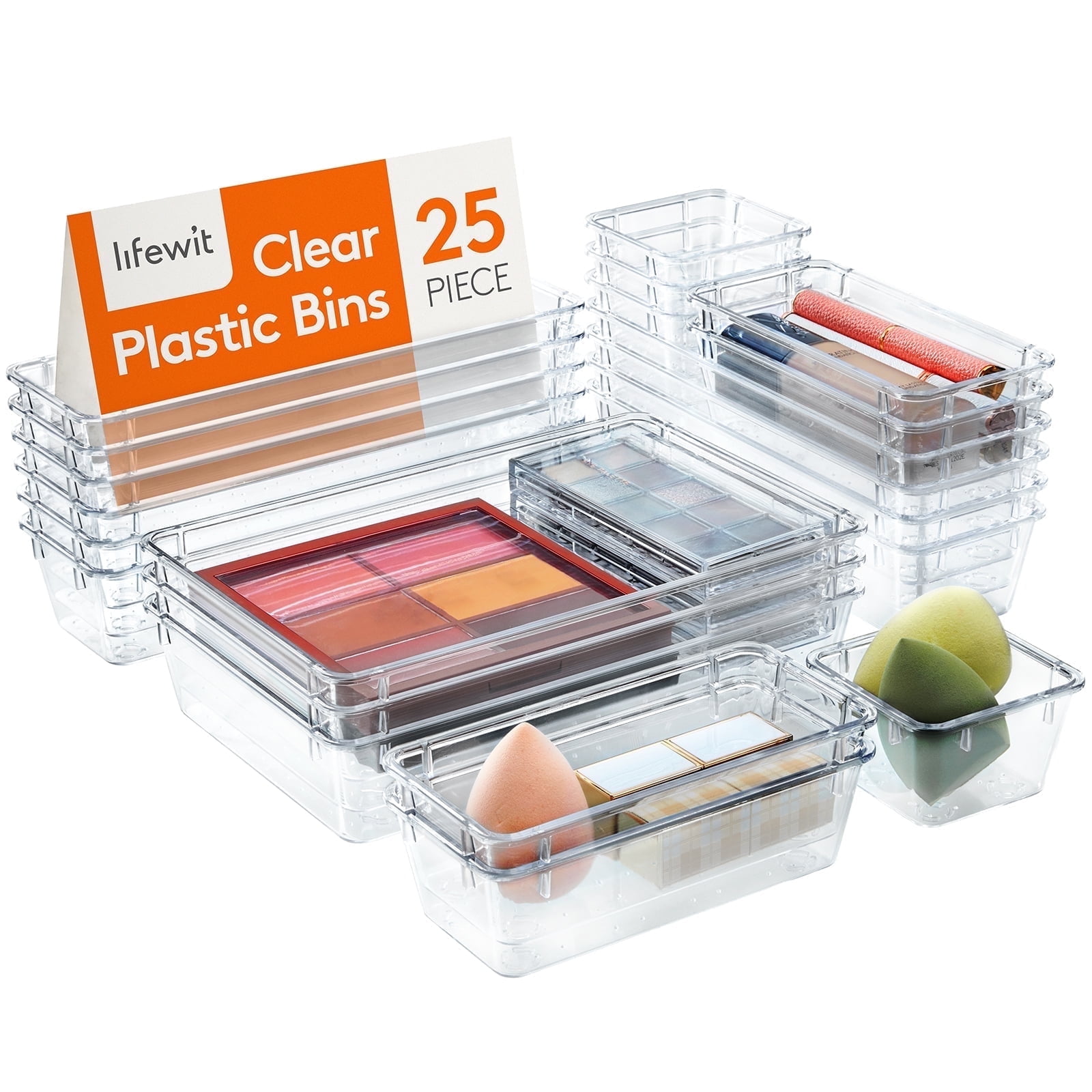 Lifewit 25 PCS Clear Plastic Drawer Organizer Set, 4 Sizes, Adjustable Desk and Drawer Trays