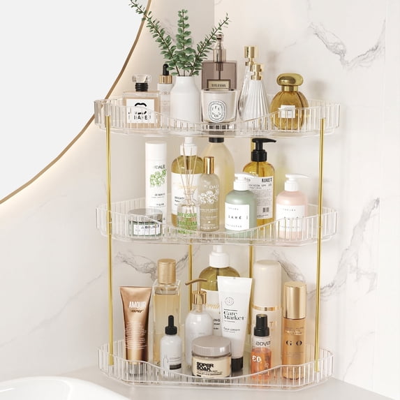 Lifewit 3-Tier Bathroom Counter Organizer Corner, Plastic Makeup Skincare Storage Organizer Countertop, Perfume Tray and Cosmetic Shelf in Bedroom, Dresser, Kitchen (Clear)