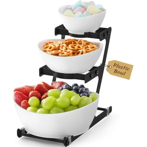 Lifewit 3 Tier Plastic Serving Bowls with Metal Stand, Chips and Dip Serving Tray Set for Entertaining Party, Crack-Proof Serving Platters for Fruit/Salad/Snack/Dessert Appetizer/Candy, Black