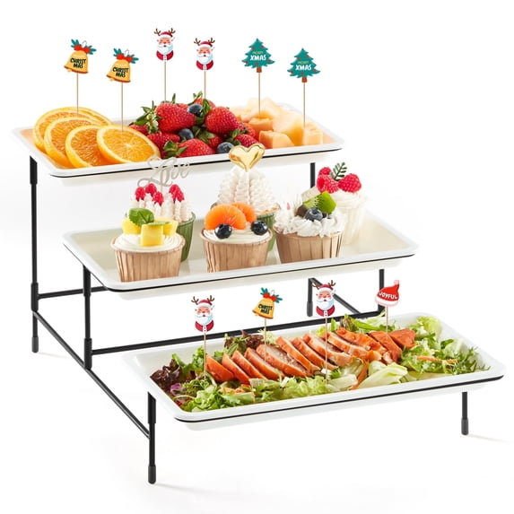 Lifewit 3 Tier Plastic Serving Tray for Party Supplies, 12" x 6.5" Platters for Serving Food, White Reusable Trays with Black Mental Display Stand for Veggie, Fruit, Cookies, Dessert