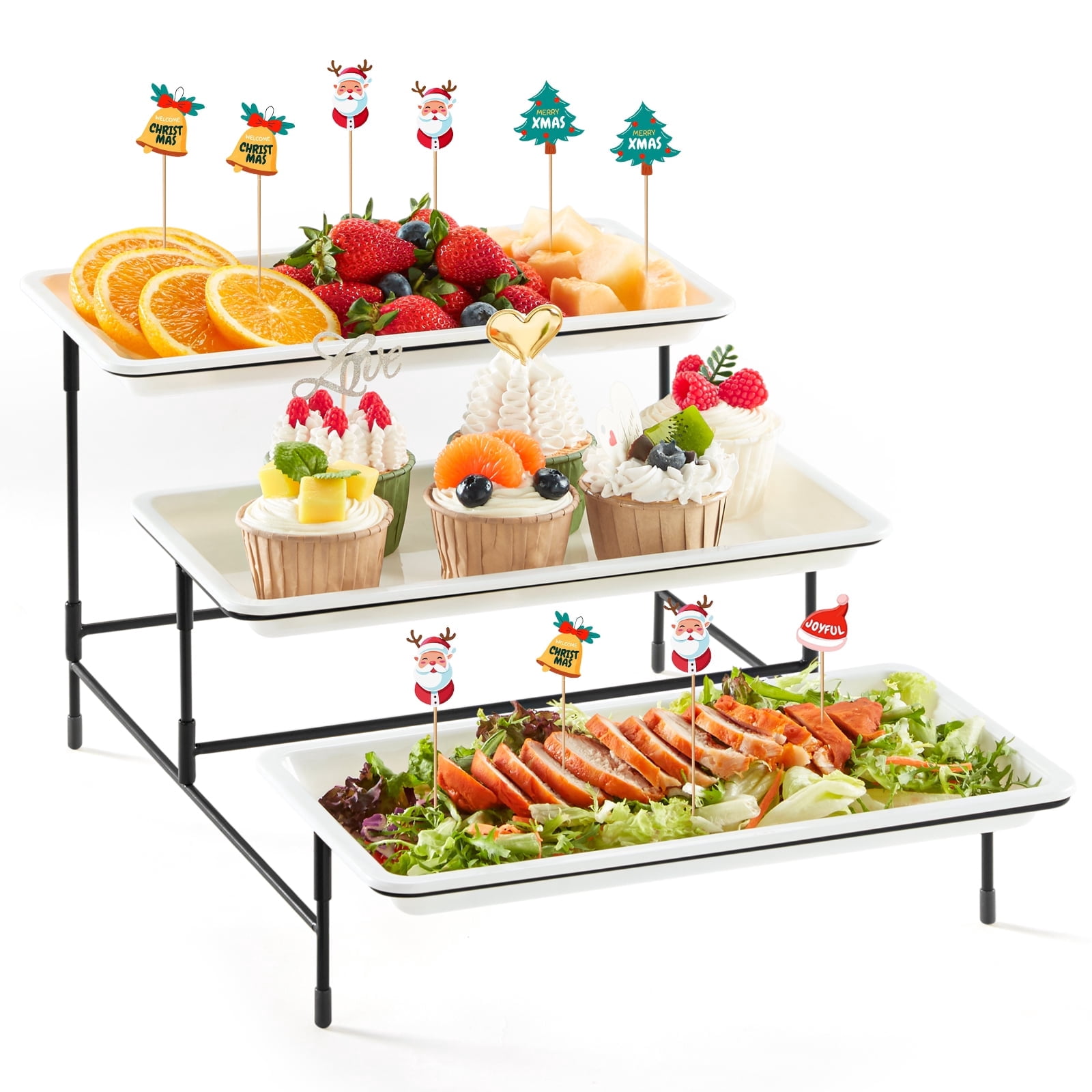 Lifewit 3 Tier Plastic Serving Tray for Party Supplies, 12" x 6.5" Platters for Serving Food, White Reusable Trays with Black Mental Display Stand for Veggie, Fruit, Cookies, Dessert