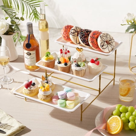 Lifewit 3 Tier Plastic Serving Tray for Party, 12" x 6.5" Serving Platter for Cookies, Dessert, Cupcake, Gold