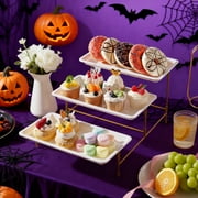 Lifewit 3 Tier Plastic Serving Tray for Party Supplies, 12" x 6.5" Platters for Serving Food, White Reusable Trays with Gold Mental Display Stand for Veggie, Fruit, Cookies, Dessert