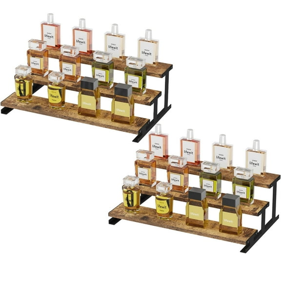 Lifewit 3-Tier Wooden Dispaly Riser with Metal Stand, 13.9 Inch Step Cologne Stand, Perfume Organizer, Display Shelf for Fragrance, Skincare, Figurine, Spice, Tabletop, Cabinet, 2 Sets, Rustic Brown