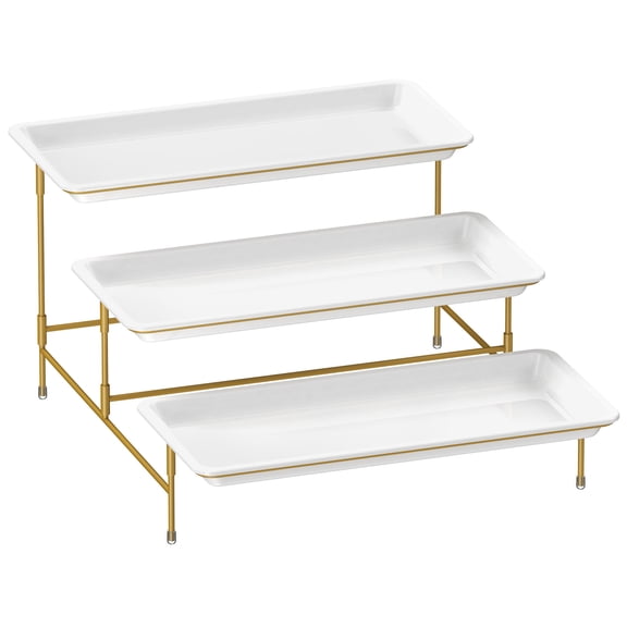 Lifewit 3 Tiered Plastic Serving Tray for Party Entertaining, 14"×6.5" Serving Food Display Platters, Reusable Trays with Collapsible Stable Metal Stand for Veggie, Fruit, Cookies, Dessert, Gold