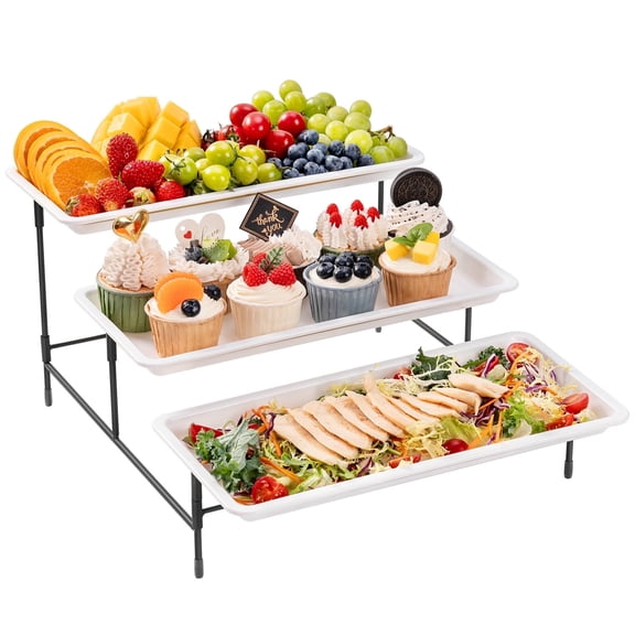 Lifewit 3 Tiered Plastic Serving Tray for Party Entertaining, 14"×6.5" Serving Food Display Platters, Reusable Trays with Collapsible Stable Metal Stand for Veggie, Fruit, Cookies, Dessert, Black