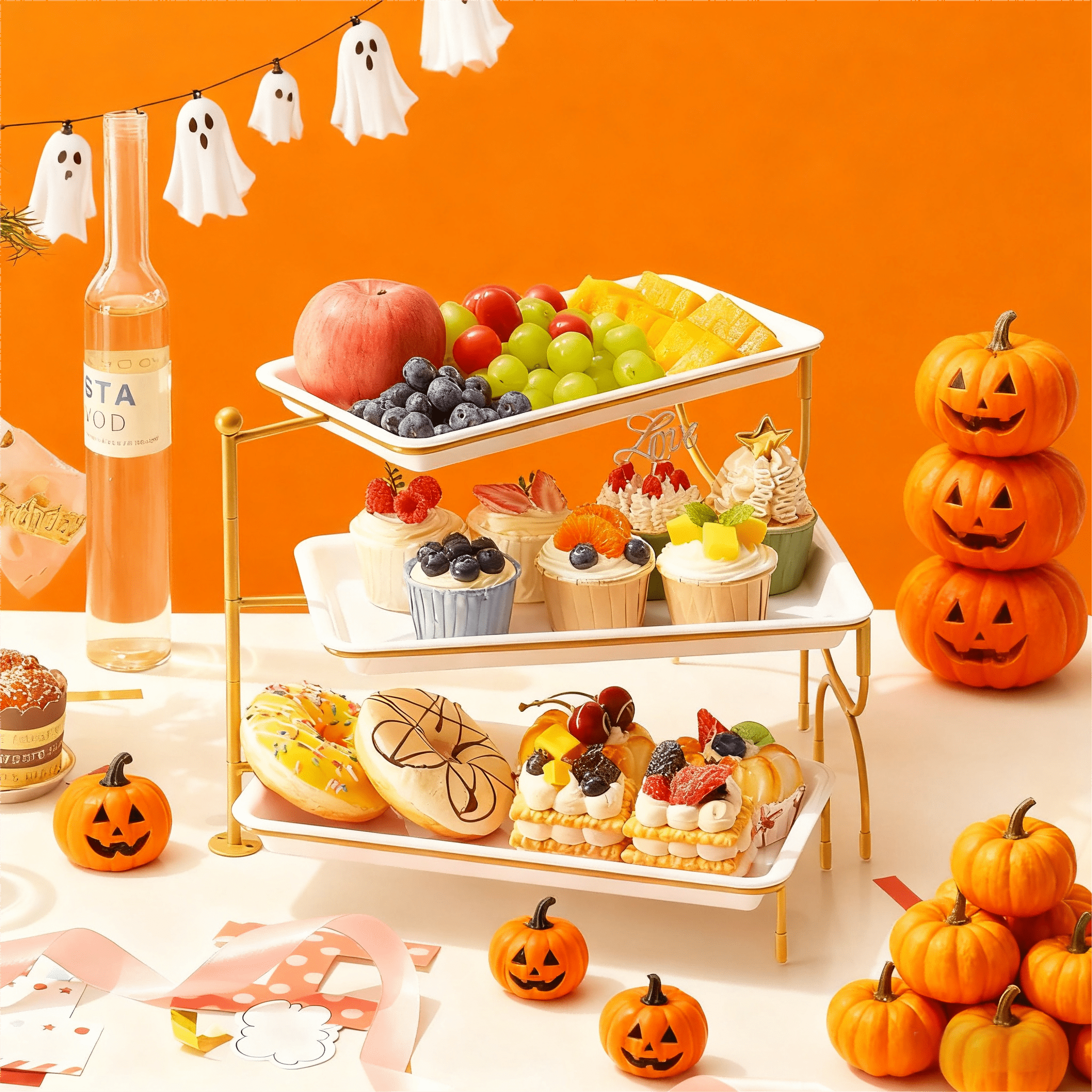 Lifewit 3 Tiered Tray Stand for Party Entertaining, 14"6.5" Serving Platters and Trays, Reusable Plastic Trays with Stable Gold Mental Stand for Veggie, Fruit, Cookies, Dessert