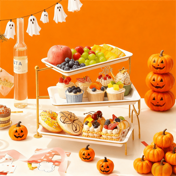 Lifewit 3 Tiered Tray Stand for Party Entertaining, 14"6.5" Serving Platters and Trays, Reusable Plastic Trays with Stable Gold Mental Stand for Veggie, Fruit, Cookies, Dessert