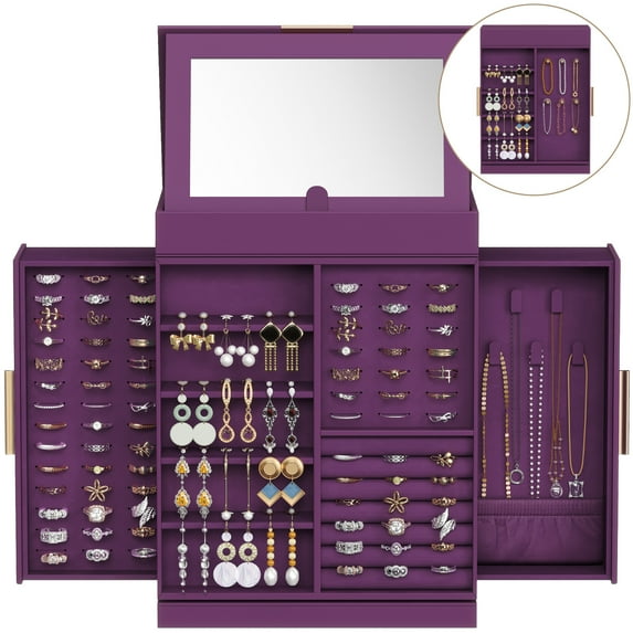 360° Rotating Jewelry Box, Top Magnetic Box wth Mirror, 2 Sides Plus 2 Large Drawers, Jewelry Organizer and Storage Case for Ring Necklace Earring Bracelet, Gift Idea, Royal Purple
