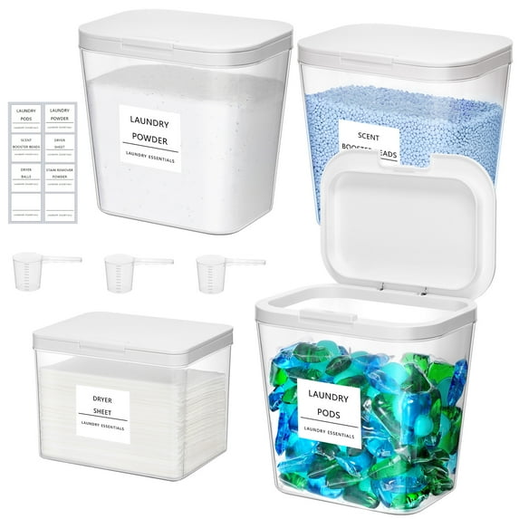 Lifewit 3+1 Laundry Pods Container & Dryer Sheet Holder, Large Powder Detergent Dispenser Storage Jars, Laundry Room Containers for Scent Booster Beads with Pop up Lids, Labels and Scoop