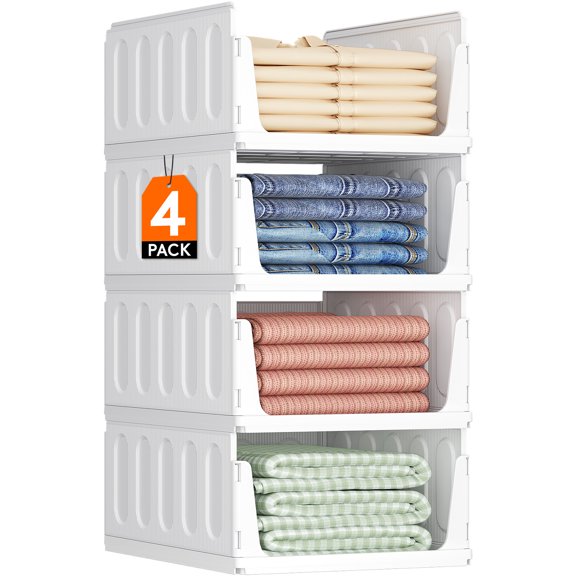 Lifewit 4 Pack Stackable Closet Organizers and Storage Basket for Clothes, Plastic Sweater Storage Bins for Wardrobe, Stacking Clothing Containers for RV, Pantry, Shelf, Kitchen, Dorm, 16.5" Depth
