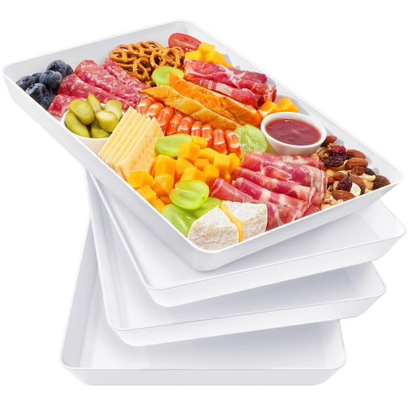 Lifewit 4 Pcs Plastic Serving Platter for Party, 16" x 12" White Trays for Serving Food, Reusable Extra Large Platters for Buffet, Appetizer, Fruit, Dessert, New Year Party Supplies, Rectangle A101