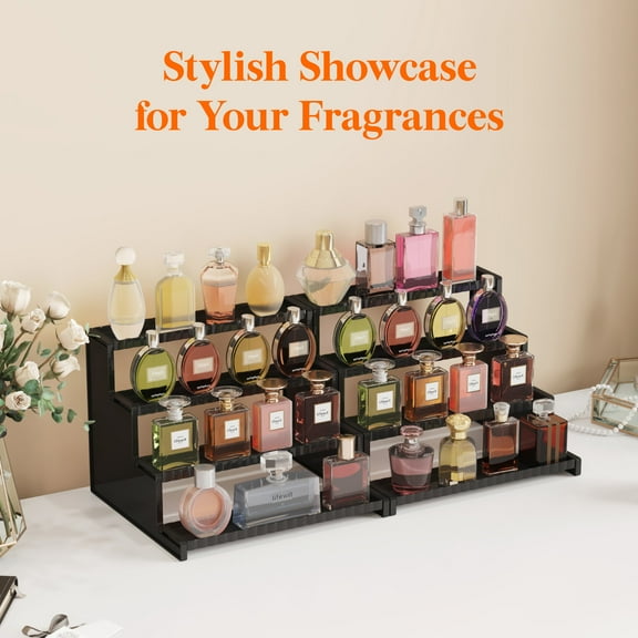 Lifewit 4 Tier Black Display Risers Stand with Decorative Fences, Plastic 12 Inch Perfume Organizer, Display for Figures, Cupcake, Dessert, Desktop Stand for Organization and Decor, 2 pack