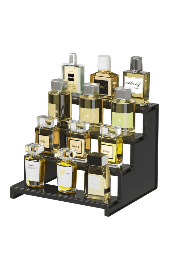 4 Tier Black Display Risers Stand(Valentine's Day Gift), Plastic Cologne Organizer Perfume Stand, Display for Fragrance, Countertop, Vanity, Dresser, Cabinet Use (9 inch, 1 Pack)