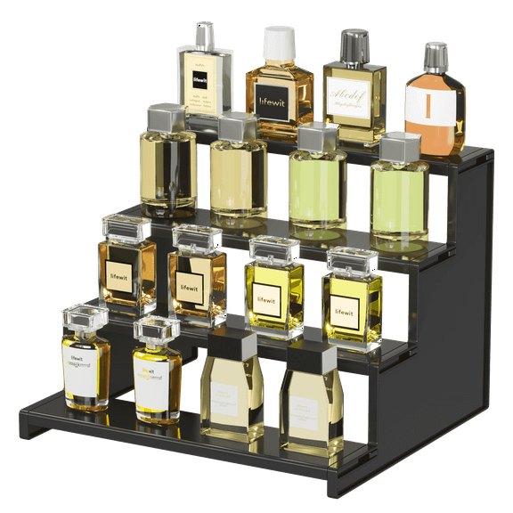 Lifewit 4 Tier Black Display Risers Stand(Father's Day Gift), Plastic Cologne Organizer Perfume Stand, Display for Fragrance, Countertop, Vanity, Dresser, Cabinet Use (12 inch, 1 Pack)