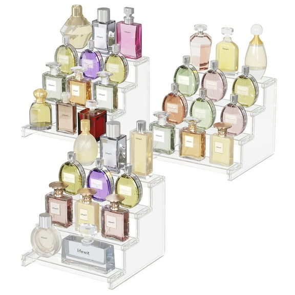 Lifewit 4 Tier Clear Display Risers Stand, Plastic Risers for Display, Plastic Perfume Organizer, Display for Figures, Cupcake, Dessert, Desktop Stand for Organization and Decor, 3pack, 9inch