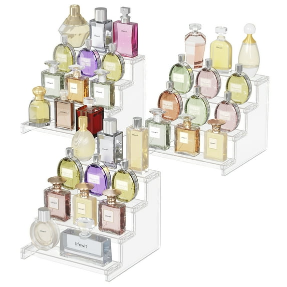 Lifewit 4 Tier Clear Display Risers Stand, Plastic Risers for Display, Plastic Perfume Organizer, Display for Figures, Cupcake, Dessert, Desktop Stand for Organization and Decor, 3pack, 9inch