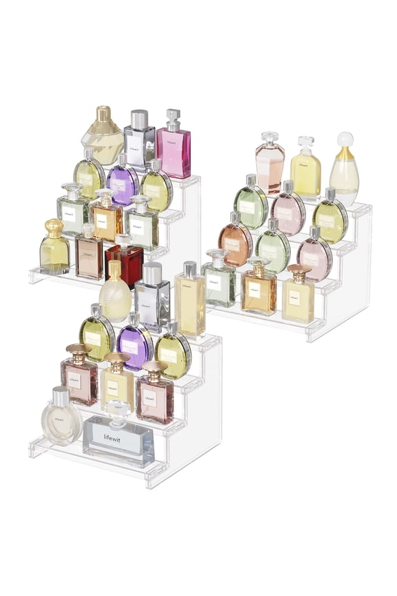 4 Tier Clear Display Risers Stand, Plastic Risers for Display, Plastic Perfume Organizer, Display for Figures, Cupcake, Dessert, Desktop Stand for Organization and Decor, 3pack, 9inch