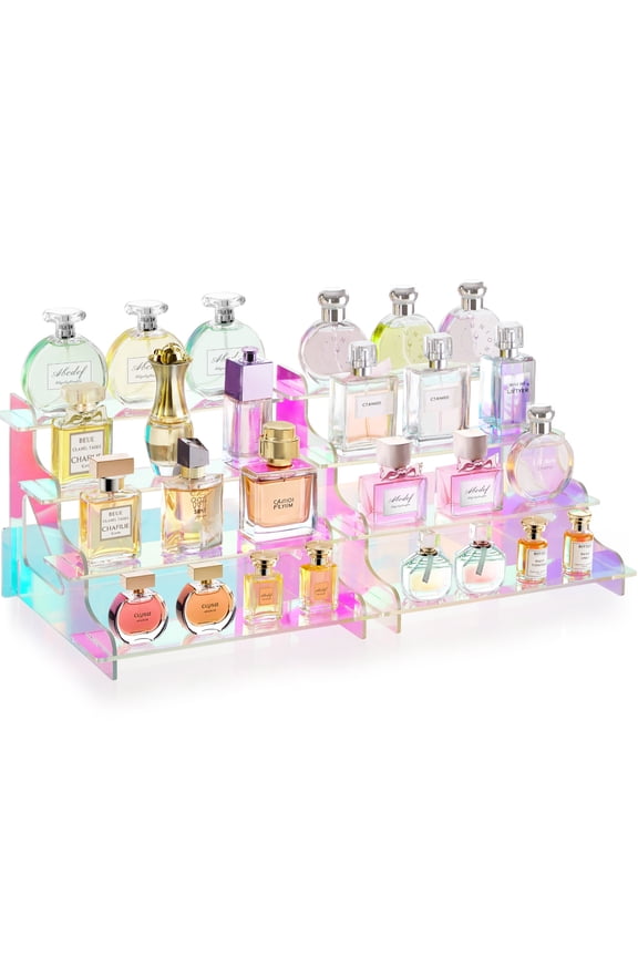 4 Tier Iridescent Display Risers Stand, Plastic Risers for Display, Plastic Perfume Organizer, Display for Figures, Cupcakes, Dessert, Desktop Stand for Organization & Decor, 2 Pack, 9.5 Inch