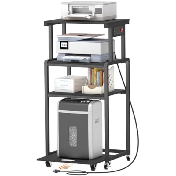 Lifewit 4 Tier Printer Stand with 3 Power Outlets, Wheels and Adjustable Storage Shelf for Home Office, Rolling Printer Cart for Shredder, Scanner, Fax, Black