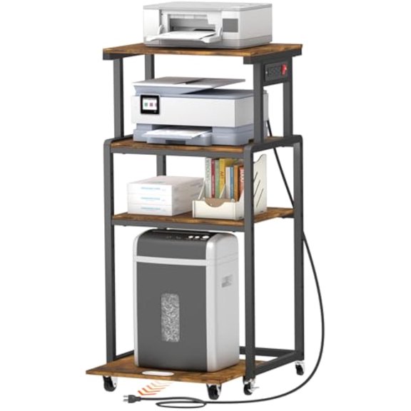 Lifewit 4 Tier Printer Stand with 3 Power Outlets, Wheels and Adjustable Storage Shelf for Home Office, Rolling Printer Cart for Shredder, Scanner, Fax, Rustic Brown