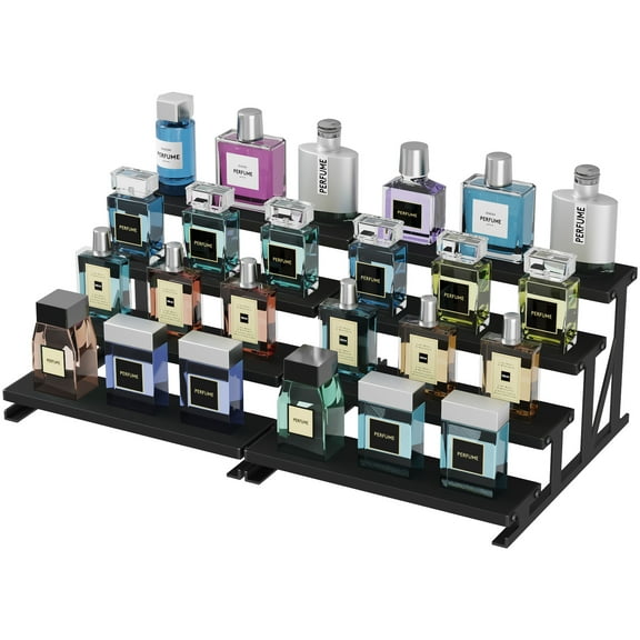 Lifewit 4-Tier Wooden Dispaly Riser with Metal Stand, 9.9 Inch Step Cologne Stand, Perfume Organizer, Display Shelf for Fragrance, Skincare, Figurine, Spice, Tabletop, Cabinet, 2 Sets, Black
