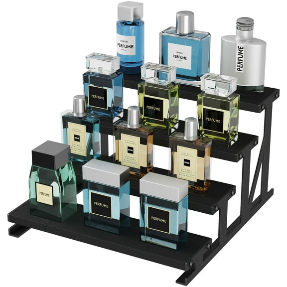 Lifewit 4-Tier Wooden Dispaly Riser with Metal Stand, 9.9 Inch Step Cologne Stand, Perfume Organizer, Display Shelf for Fragrance, Skincare, Figurine, Spice, Tabletop, Cabinet, 1 Set, Black