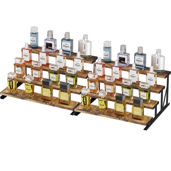Lifewit 4-Tier Wooden Dispaly Riser with Metal Stand, 13.9 Inch Step Cologne Stand, Perfume Organizer, Display Shelf for Fragrance, Skincare, Figurine, Spice, Tabletop, Cabinet, 2 Sets, Rustic Brown