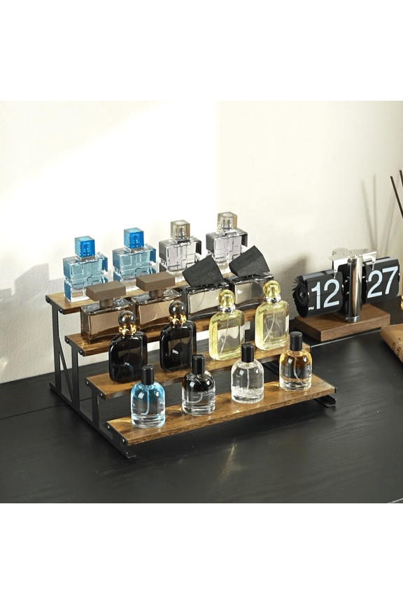 4-Tier Wooden Dispaly Riser with Metal Stand, 13.9 Inch Step Cologne Stand, Perfume Organizer, Display Shelf for Fragrance, Skincare, Figurine, Spice, Tabletop, Cabinet, Rustic Brown