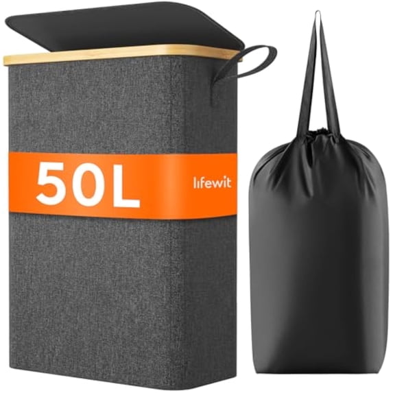 Lifewit 50L Slim Laundry Hamper with Lid, Narrow Laundry Basket with Removable Bag & Bamboo Handles, Fodable Thin Dirty Clothes Hamper for Laundry Collapsible Bin for Bathroom Bedroom Dorm, Dark Gray