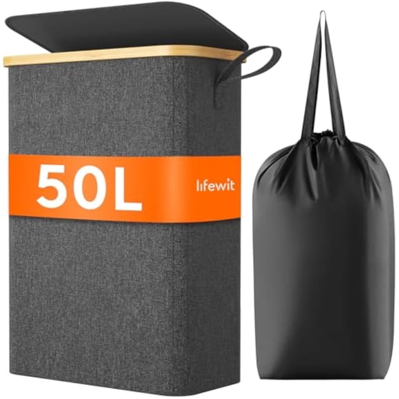 Lifewit 50L Slim Laundry Hamper with Lid, Narrow Laundry Basket with Removable Bag & Bamboo Handles, Fodable Thin Dirty Clothes Hamper for Laundry Collapsible Bin for Bathroom Bedroom Dorm, Dark Gray