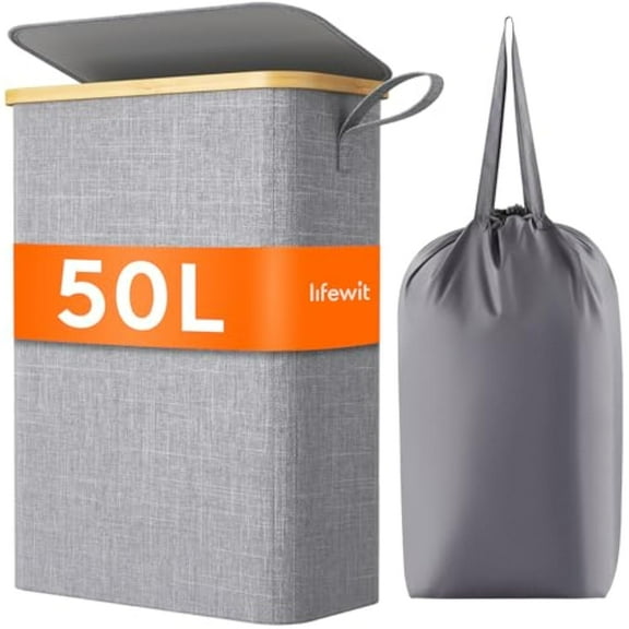 Lifewit 50L Slim Laundry Hamper with Lid, Narrow Laundry Basket with Removable Bag & Bamboo Handles, Fodable Thin Dirty Clothes Hamper for Laundry Collapsible Bin for Bathroom Bedroom Dorm, Gray