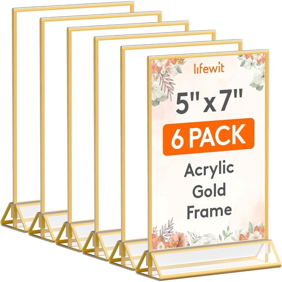 Lifewit 6 Pack 5x7 Sign Holder with Gold Borders, Clear Vertical Double-Sided Stand, Plastic Menu Holders, Table Number Holders Picture Frames for Wedding, Party, Restaurant Decor