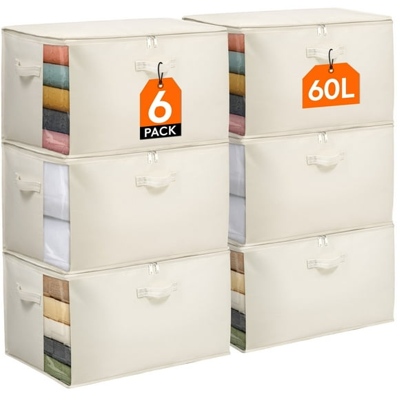 Lifewit 6 Pack Canvas Blanket Storage Bags for Clothes, 60L Cotton Linen Comforter Storage Organizer with Zipper and Three Sturdy Handles, Moving Bags Containers