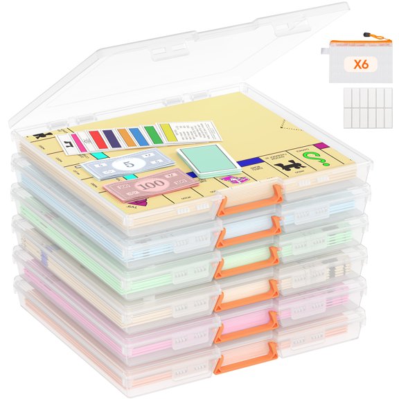 Lifewit 6 Pcs Board Game Storage Boxes, 12.2x10.6'' Paper Container with Secure Latch, Plastic Portable Organizer with Handle & Labels for File,Document,Puzzles, Cards, Art Supplies