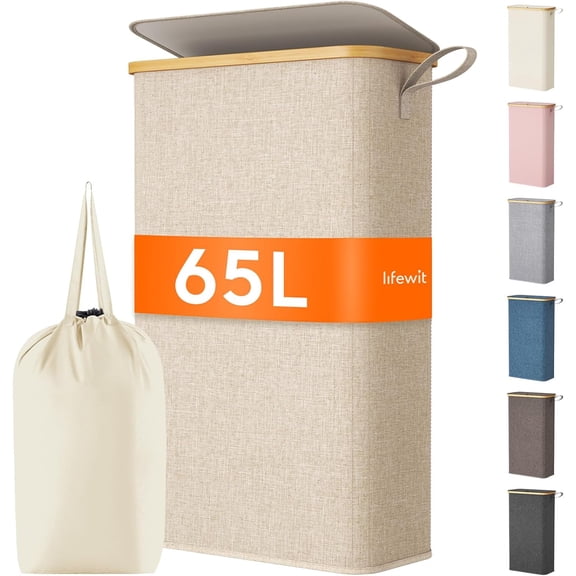 Lifewit 65L Slim Laundry Hamper with Lid, Narrow Laundry Basket with Removable Bag & Bamboo Handles, Fodable Thin Dirty Clothes Hamper for Laundry Collapsible Bin for Bathroom Bedroom Dorm, Beige