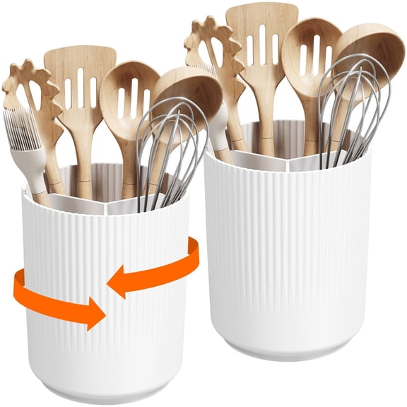 Lifewit 7.5" Plastic Utensil Holder for Kitchen Counter, Silverware Caddy with Non-Slip Rotating Base, 3 Compartment Spoon Spatula Cutlery Flatware Organizer with Dry Draining, White, 2 Pack Y101